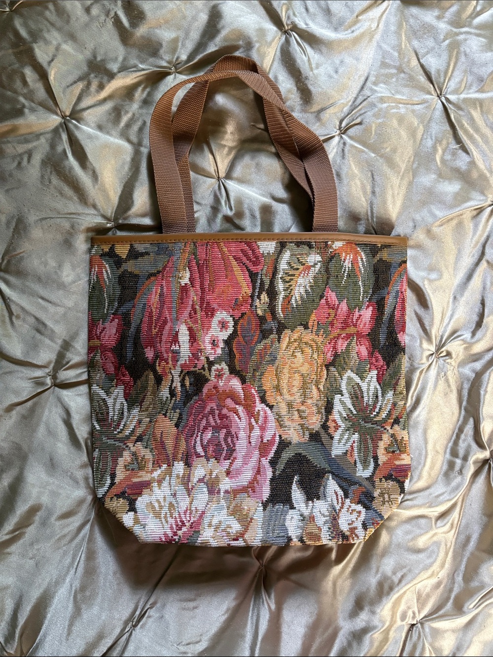 Vintage Floral Tapestry Tote Bag in Pink & Brown